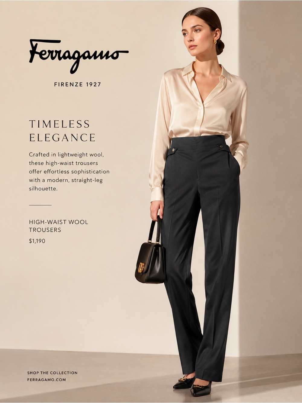 Ferragamo lightweight highwaisted wool trousers, straight leg, black sz 38iT/S